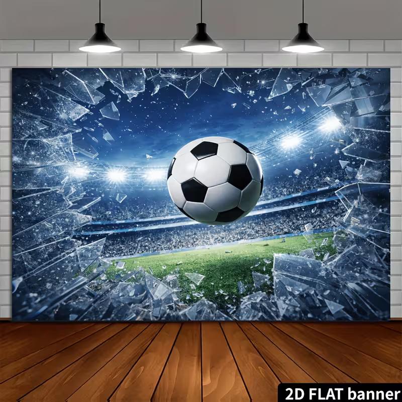 2D Fußballstadion Wandteppich, Fußball der durch eine Glaswand bricht Wandbehang