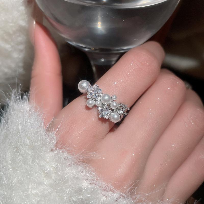 Cold wind zircon pearl opening ring Korean elegant temperament versatile index finger ring light luxury high-end jewelry women
