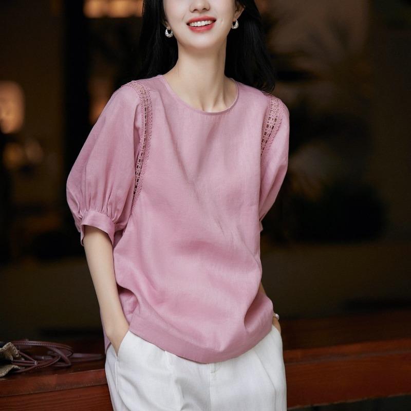Women Solid Lantern Sleeve Short Sleeve French Style Crew Neck Casual Shirt Top S