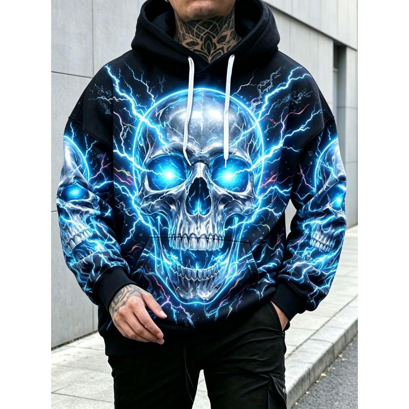 Men's Hoodie Black Neon Green Lightning Skull Print Breathable Soft Pullover Sweatshirt for Streetwear Party Daily Wear