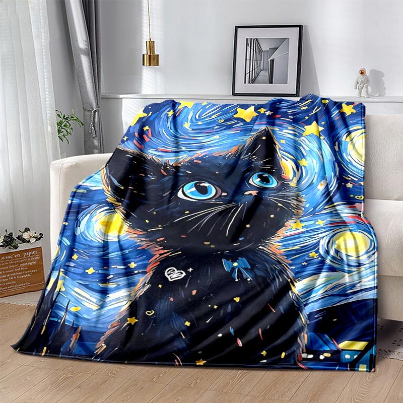 1pc Starry Night Kitten Cartoon Blanket Home Decorative Throw Gift Perfect for Couch Bed Living Room