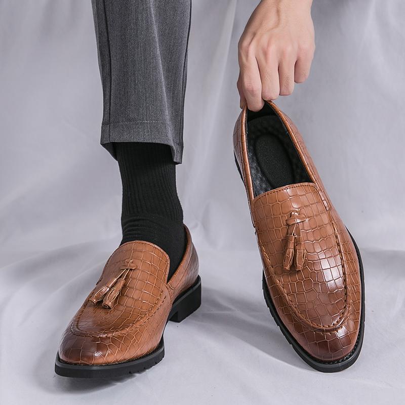 Fashion Classic Men Loafers PU Stone Pattern Low Heel Tassel Decoration Daily Business Casual Men Shoes