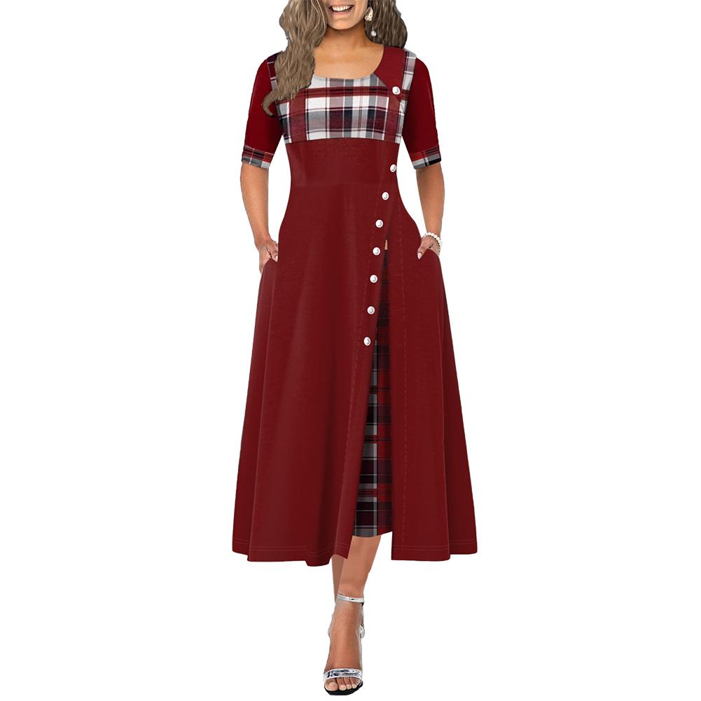 (S-5XL) Women Plus Size O Neck Half Sleeve Stitching Plaid Irregular Hem Buttons Decor Maxi Dress