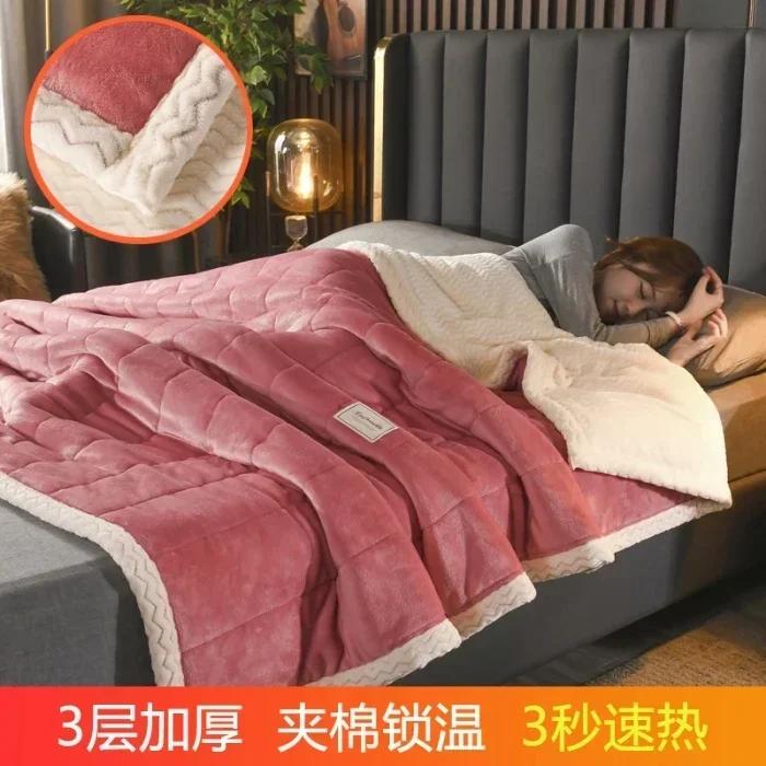 Coral Fleece Autumn Winter Warm Blankets for Bed 3 Layers Thicken Flannel Blanket Quilt Soft Comfortable Warmth Quilts Washable