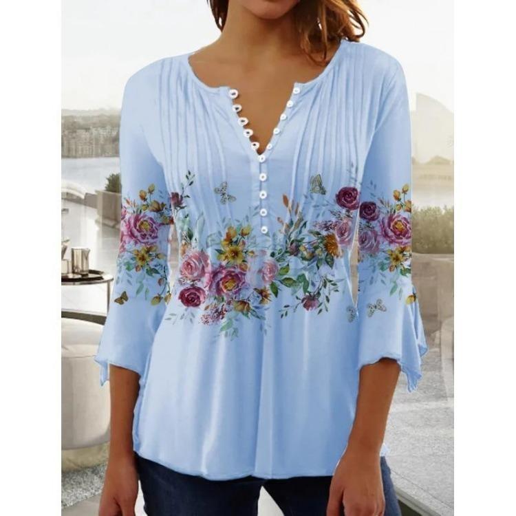 Womens Plus Size Floral Print V Neck Button Blouse Loose Puff Long Sleeve Top T Shirt S