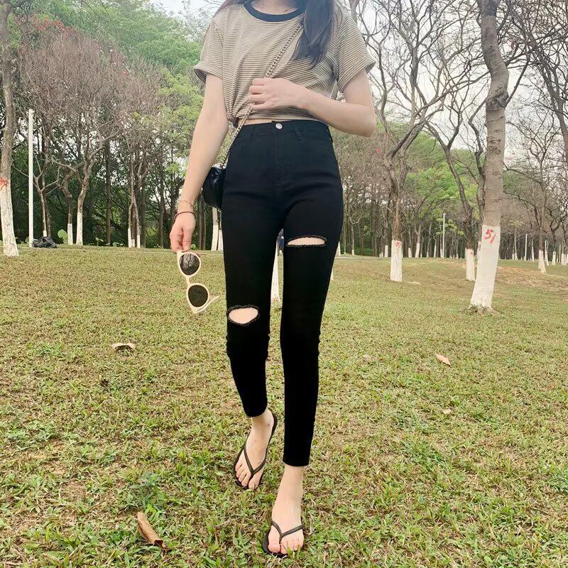 2024 Summer Black High Waist Ripped Skinny Jeans for Women