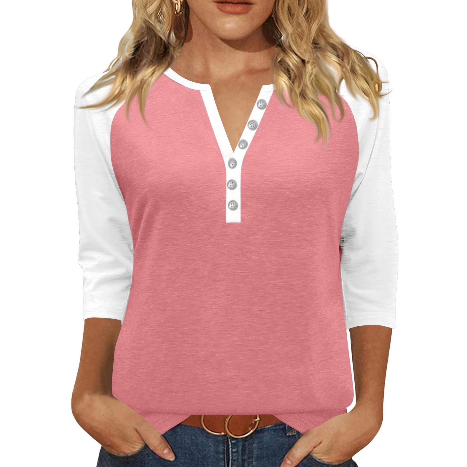

Жен. Футболка С принтом Пуговицы Рукав 3/4 Повседневные Выходные Мода Классический Классический V-образный вырез Обычный Верх XL розовый
