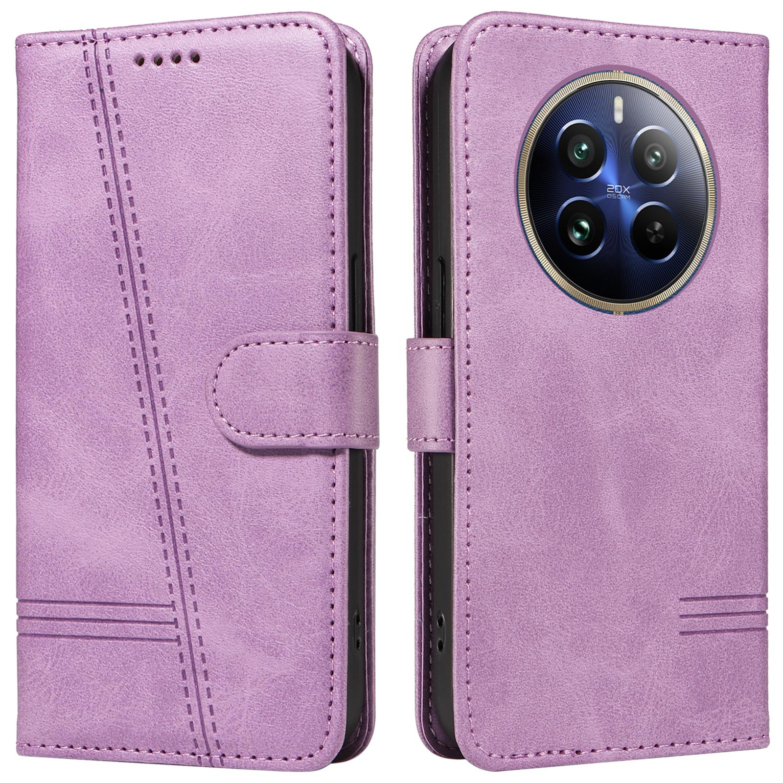 

For Realme 13 Pro 5G (Global)/13 Pro+ 5G (Global)/P1 Pro 5G/12 Pro 5G/12 Pro+ 5G Case Wallet T-Shape Lines Leather Phone Cover Light Purple