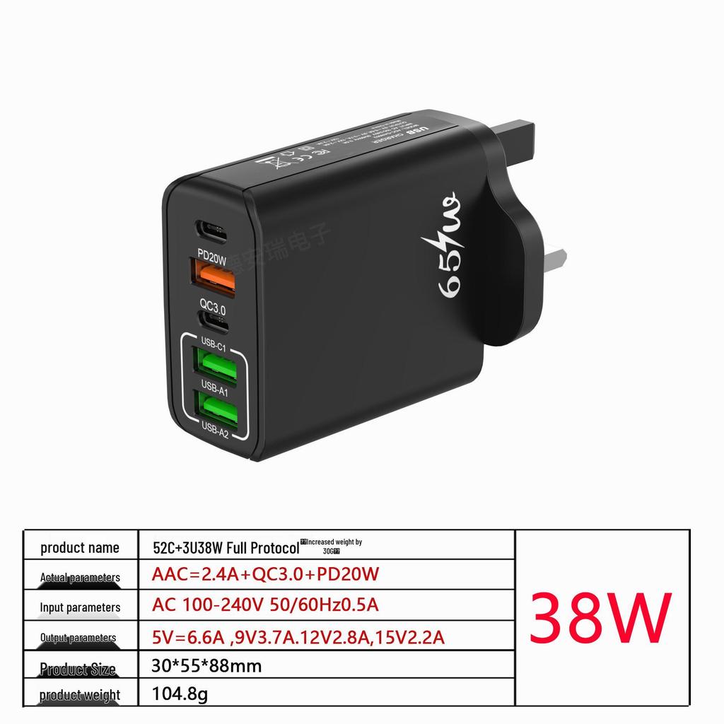 65W Multi-Port Mobile Charger, Fast Travel Adapter with European/UK/US Plug, 3.1A, 2C+3A