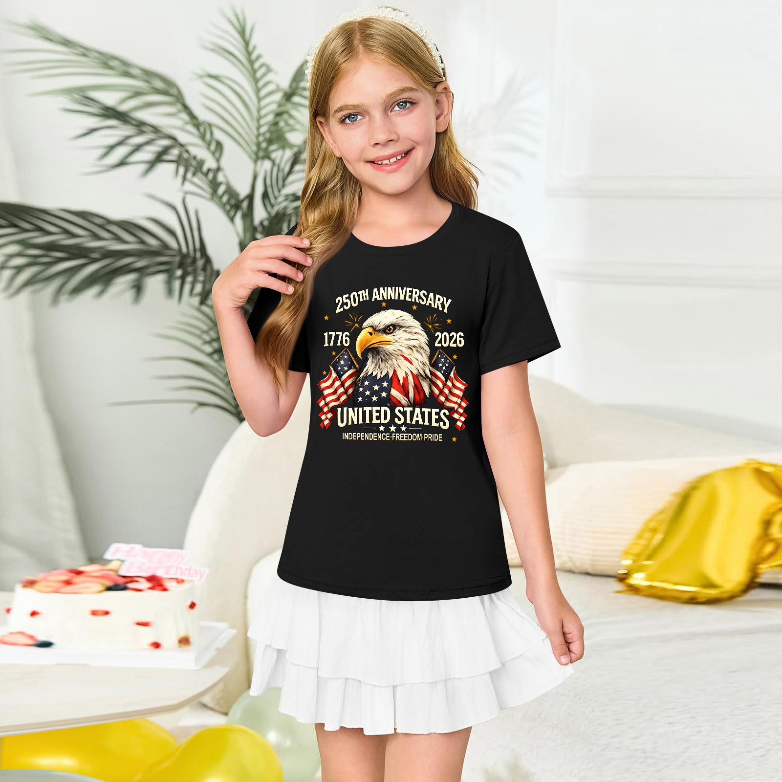 Girls  Round Neck Short Sleeve Printed Casual Short Sleeve 130 чёрный