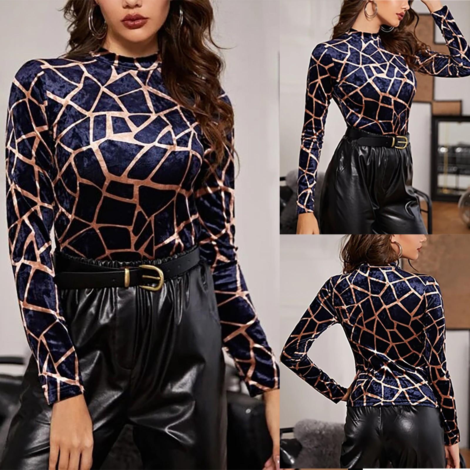 

Women s Fashion Foil Print Stretch Fabric Long Sleeve Temperament Bottoming Top
