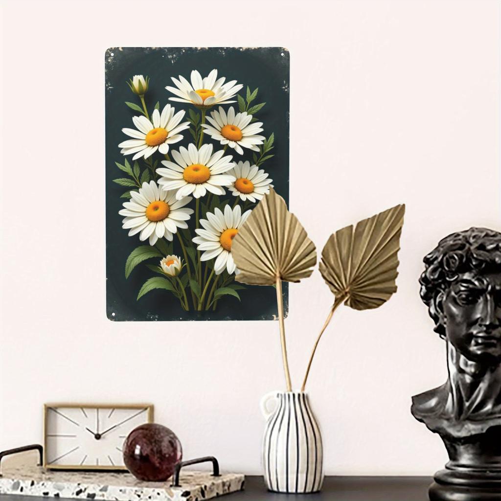 1pc Vintage Metal Wall Art - White Daisies On Dark Blue Retro Tin Painting, 2D Flat Floral Decor for Easter, Mother’s Day, Home