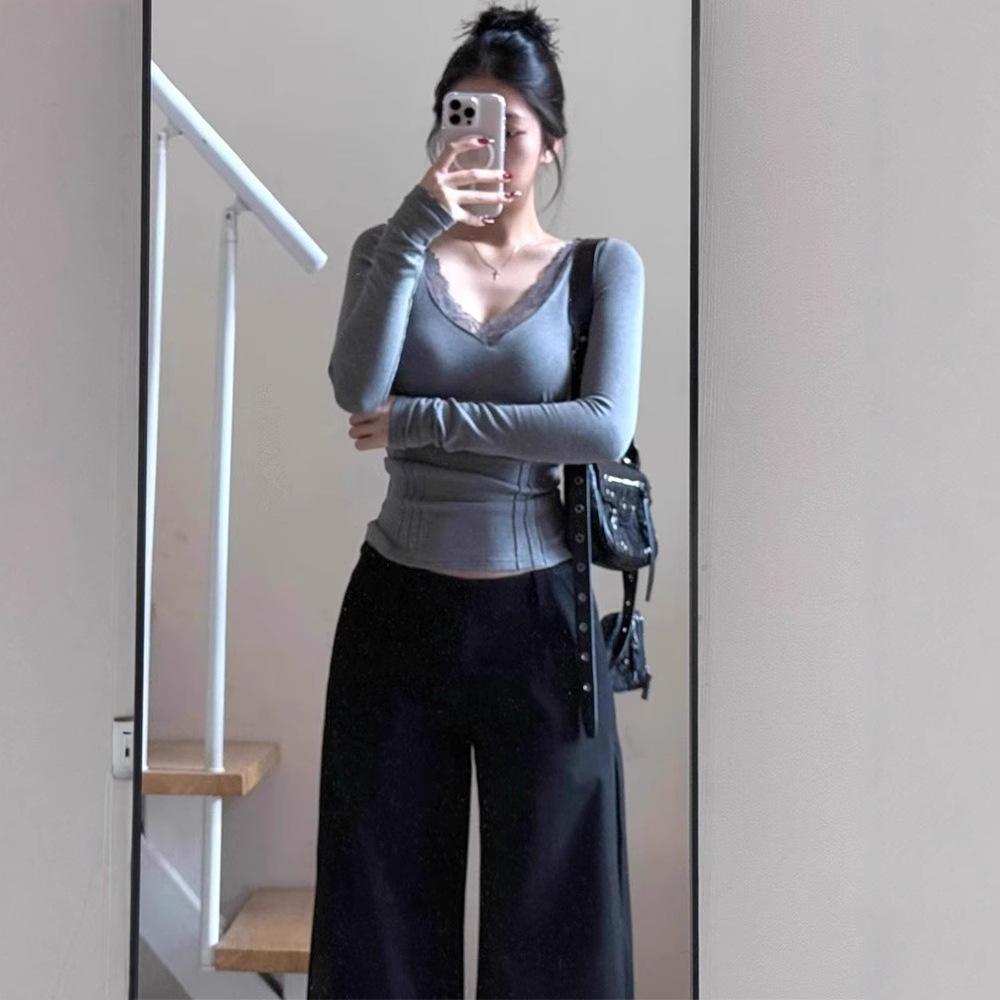 Elegantes Damen Frühlings Spitzen-Patchwork V-Ausschnitt Langarmshirt