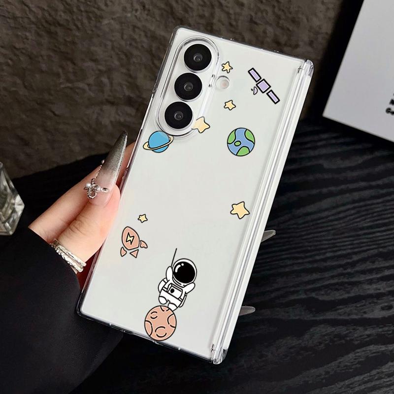 Magnetic Adsorption Phone Case For Samsung Galaxy Z Fold 7 6 5 Fold7 Fold6 Fold5 5G Cute Astronaut Print Clear Shockproof Cover