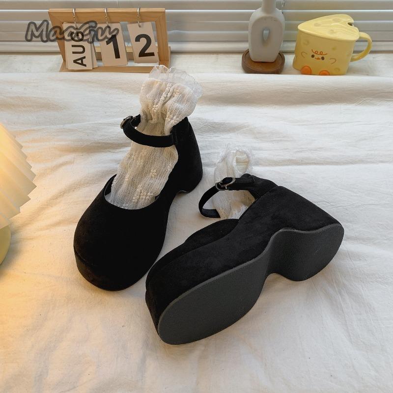 Fashion Thick Bottom High Heel Women Pumps Suede Black Ladies Fashion Sneakers Ankle Straps Muffins Shoes Wedge Zapatos De Mujer Sandals