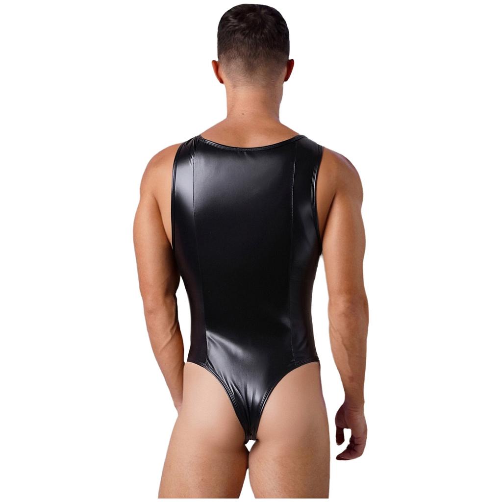 Mens Glossy Patchwork Sleeveless Bulge Pouch Back Zipper One Piece Bodysuit