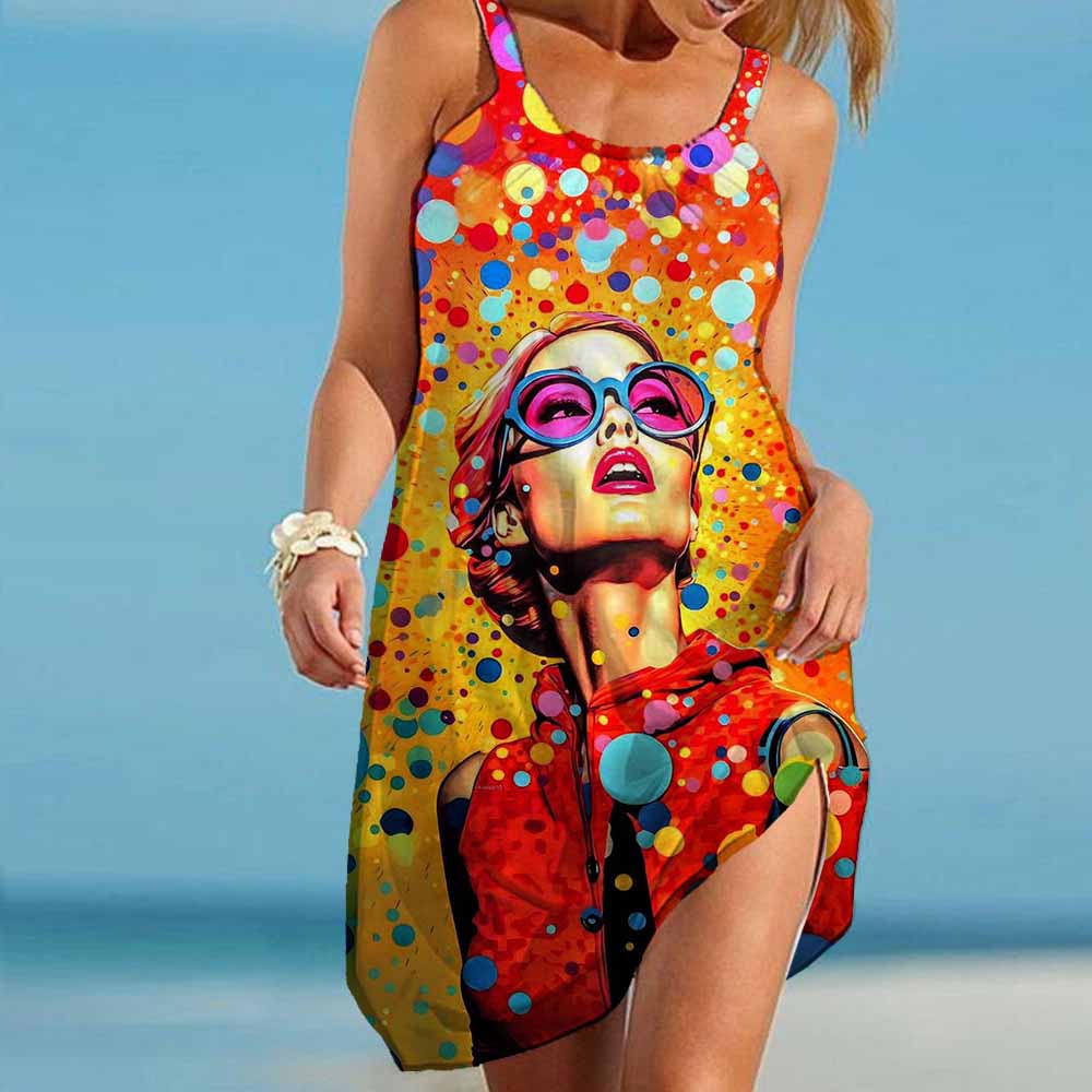 New Women's Fashion 2025 New Print Summer Casual Party Mini Dress Beach Style Elegant Pop Art Prints Lady Sleeveless Dress