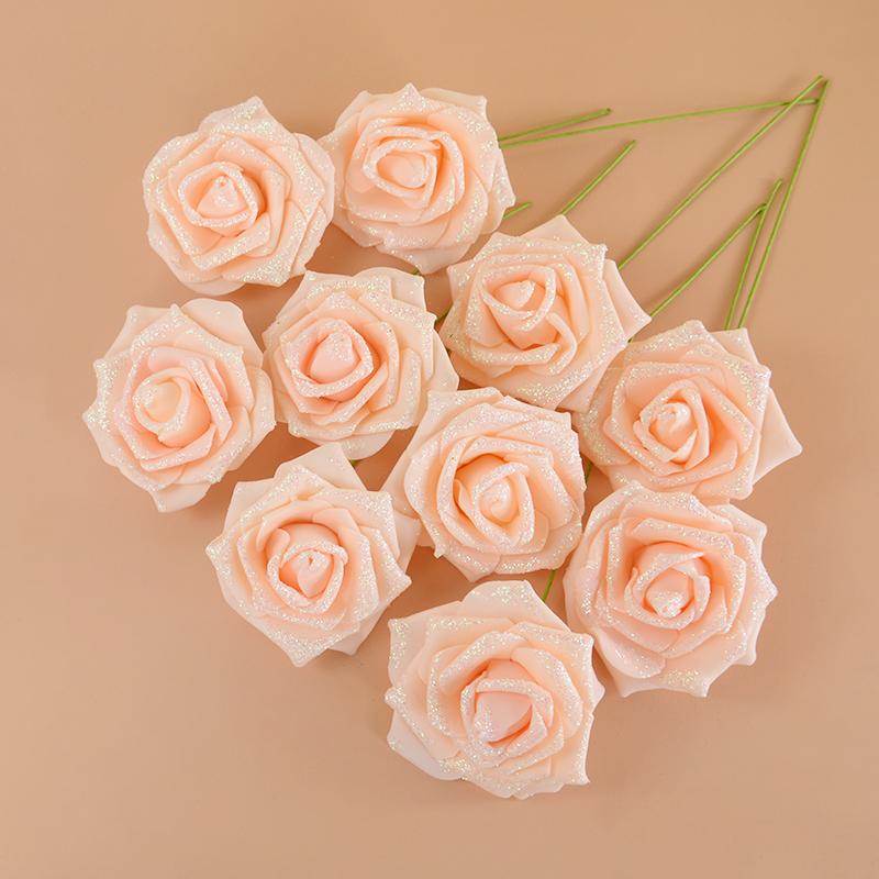 10/20Pcs Artificial Rose Flowers with Stem Foam Glitter Fake Flower Bouquet Wedding Party Centerpieces Home Garden Decoration