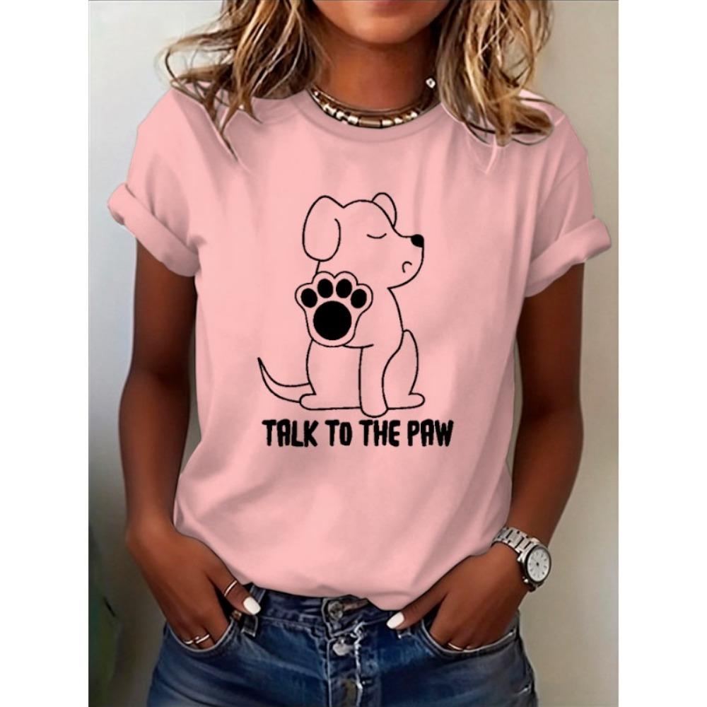 Ilstile Women's Dog Paw Print T-Shirts Summer Short Sleeve Tops Casual Round Neck T Shirt Black White Tees Hot Sale
