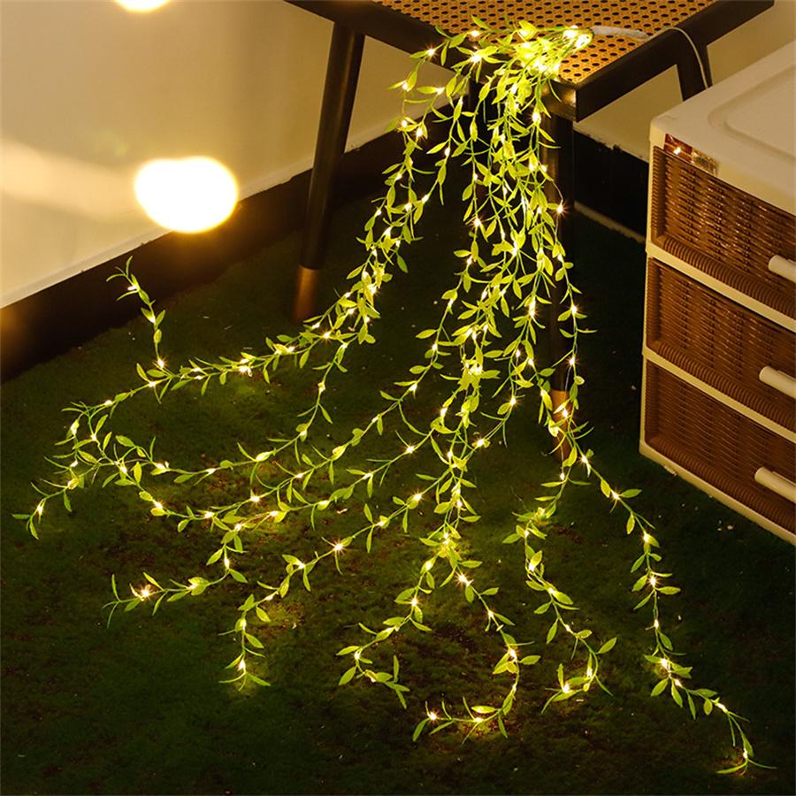 3X2M 200 LED Artificial Vines Curtain Lights Fake Willow Leaves Curtain Fairy Lights USB Powered Green Fake Plant String Light