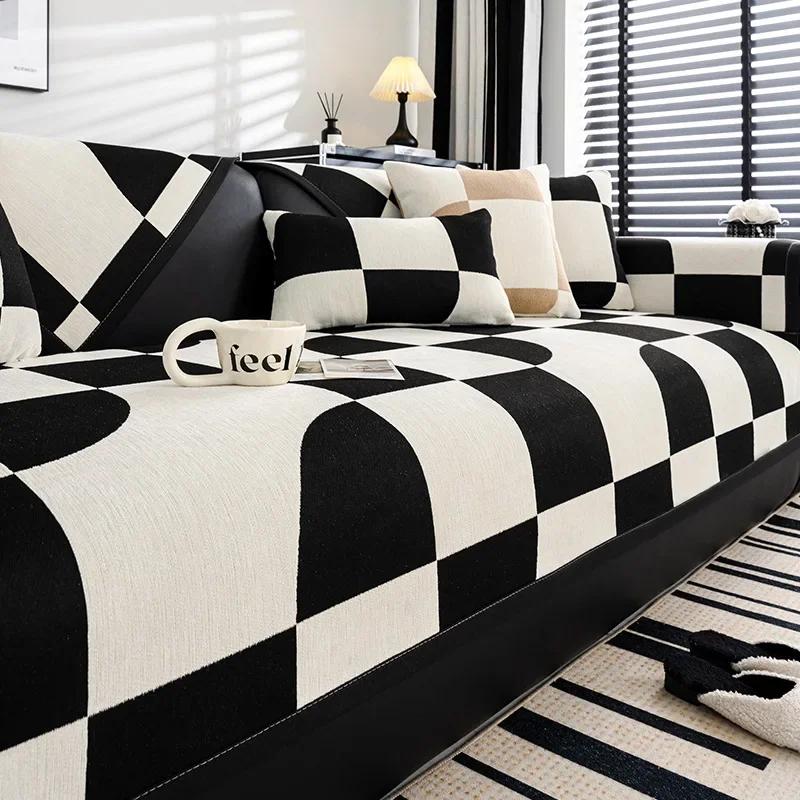 Chenille Sofa Cover Non Slip Four Seasons Universal Black White Checkerboard Pattern Sofa Cushion Anti Cat Scratching Sofa Cover