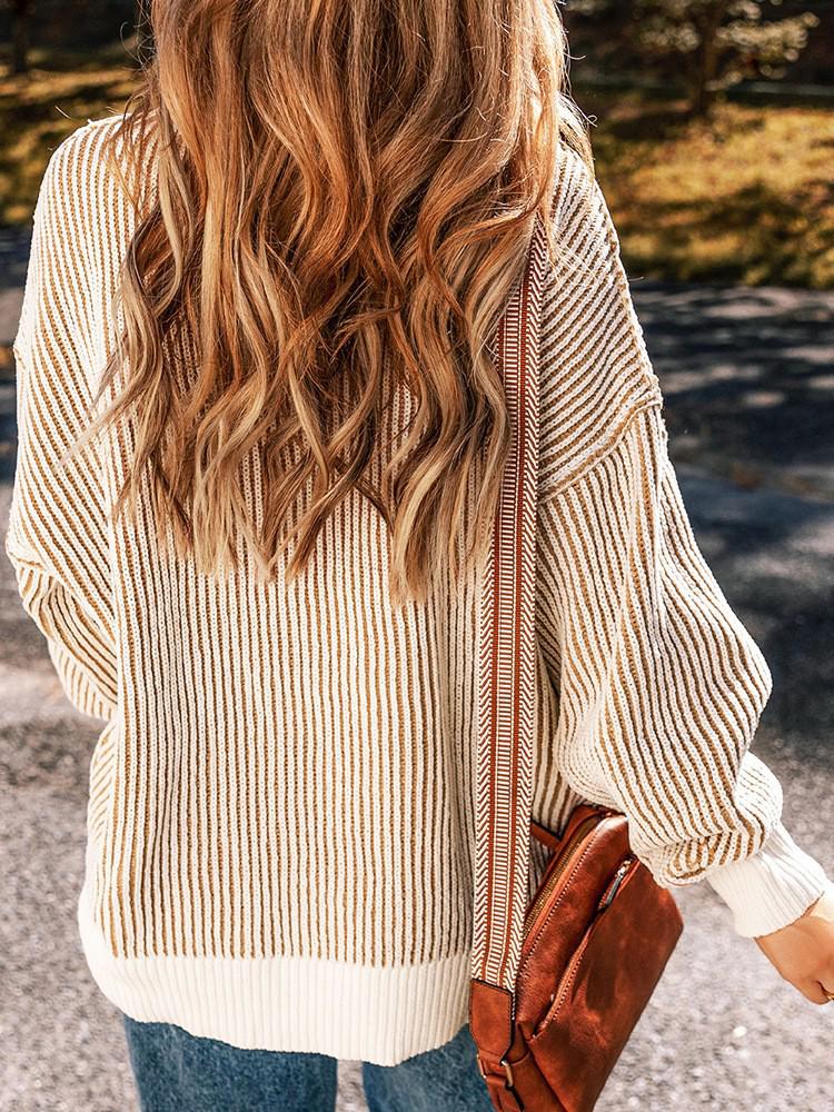 2025 Winter Striped Color Block Sweater for Women – European American Fashion, Warm Loose Versatile Knit Pullover