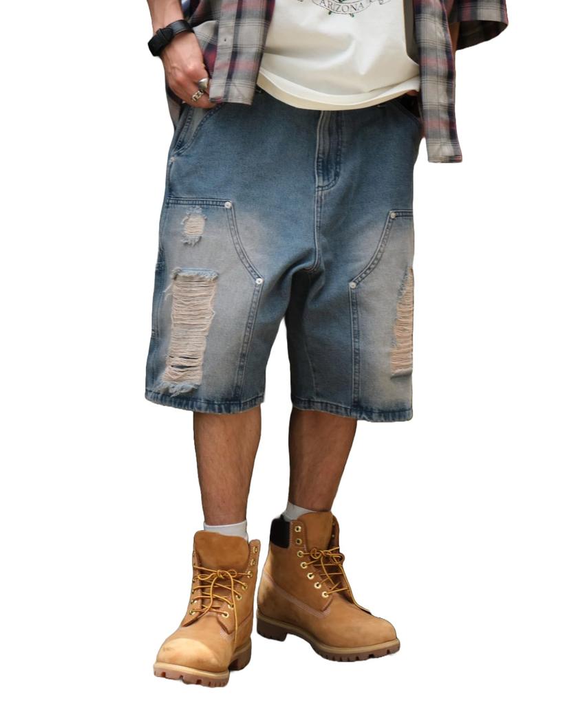 WEGO Double Knee Distressed Denim Medium Streetwear Men's Shorts, Medium, Denim,