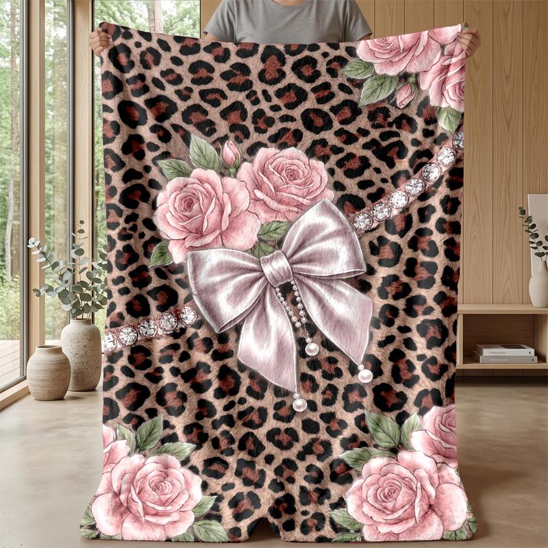 Leopard Roses and Bow Theme Blanket Lightweight Warm Flannel Blanket Decorative Throw Blanket for Home Decoration