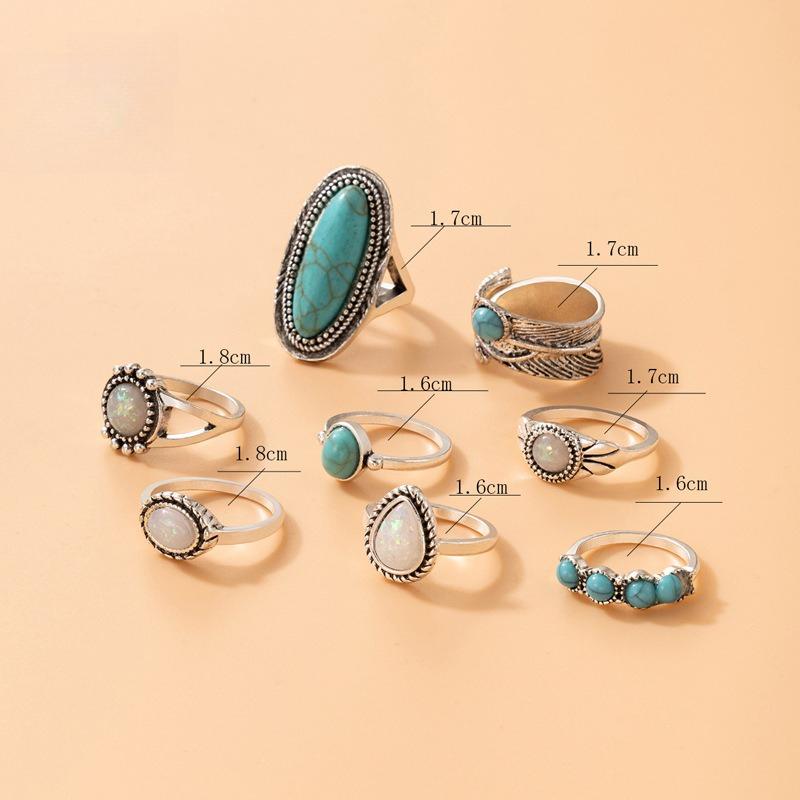 European and American Ethnic Style Carved Feather turquoise Ring Retro Personality Ring Set Combination Ring Set