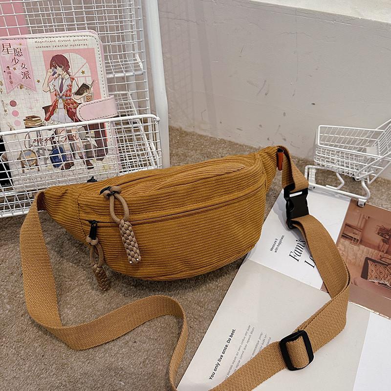Casual Korean Style Cotton Corduroy Crossbody Bag With Zipper Closure For Daily Use