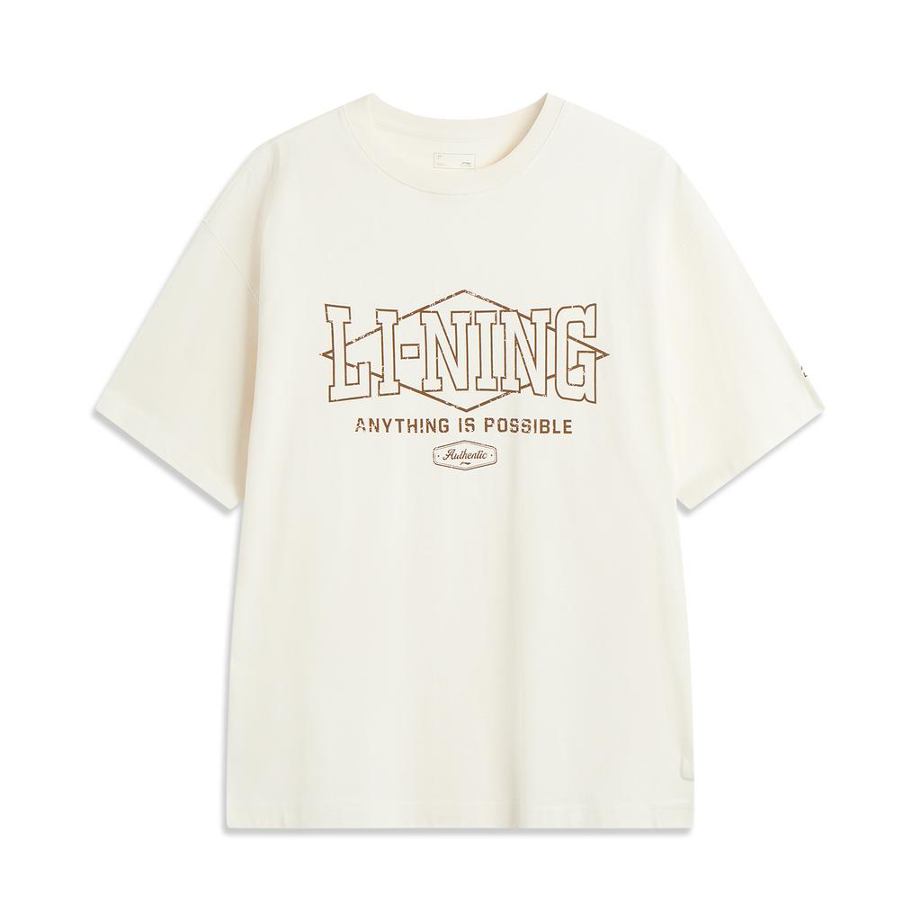 Li Ning Sports Lifestyle Series High Street American Vintage Casual Letter Print Versatile Short Sleeve T-Shirt Unisex Tops Off-White AHSV267-8