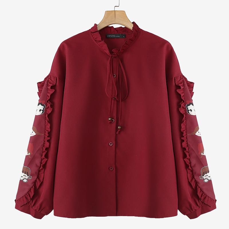 ZANZEA Bluză casual de damă cu gât rotund, imprimeu patchwork, mâneci lungi