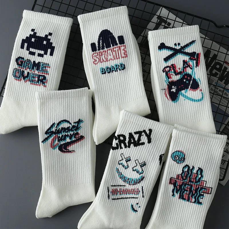 New Cyberpunk Style White Cartoon Gameing Socks for Men and Women Game Over Socks Cotton Women Ins Style Funny Happy Socks