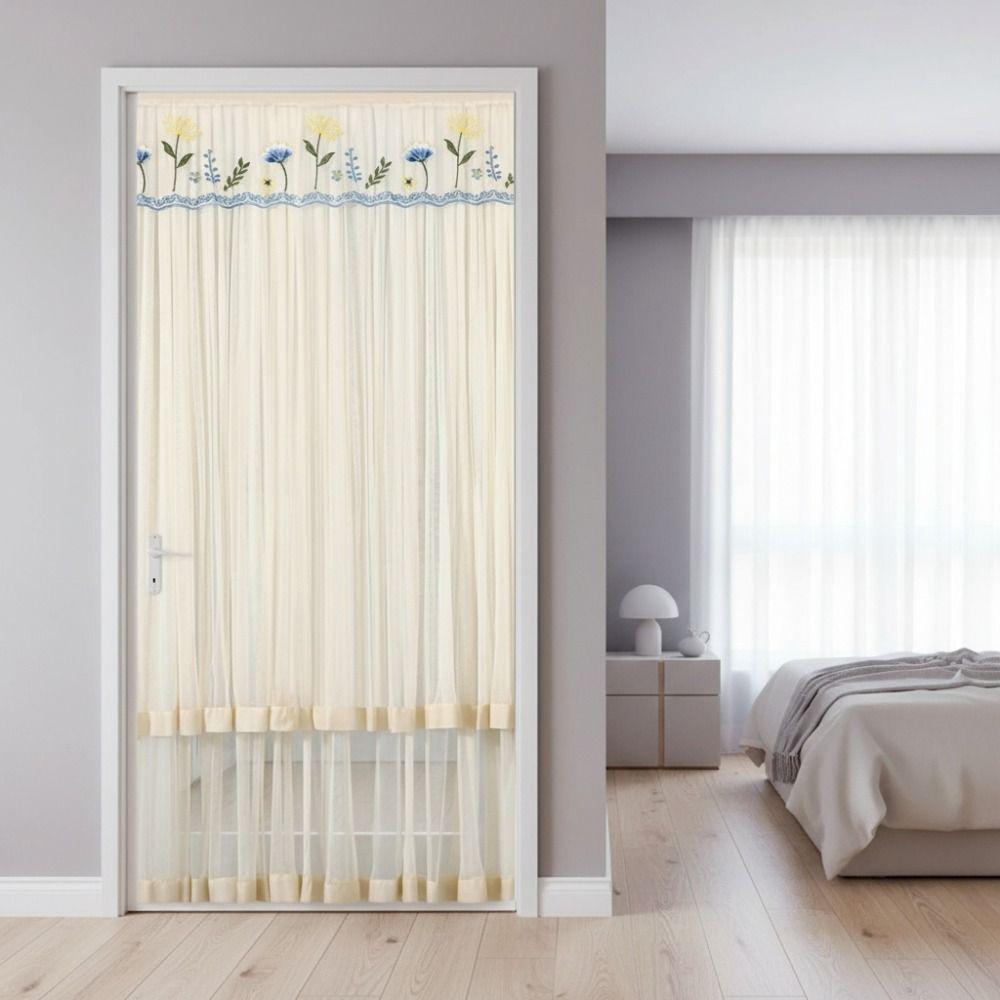 Punching Free Lace Embroidered Door Curtain Double Layer Door Drapes Entrance Curtain  Girl Room