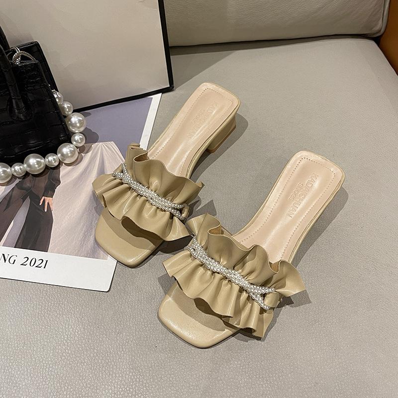 

Лето 2025 новые тапочки на толстом каблуке с оборками и лиственным краем женская уличная обувь средний каблук открытый носок модные крутые тапочки на одной перемычке 39 жёлтый