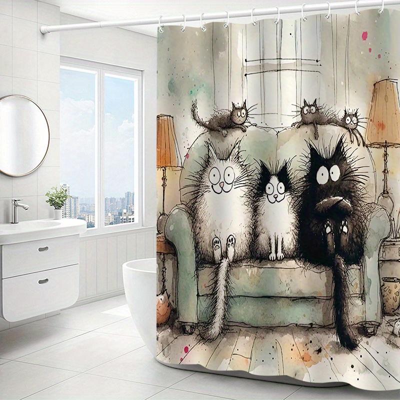 1pc Of Three Kitten Pattern Printed Shower Curtain With Hooks, Windows And Walls, Bathtub, Bathroom Home Decoration
