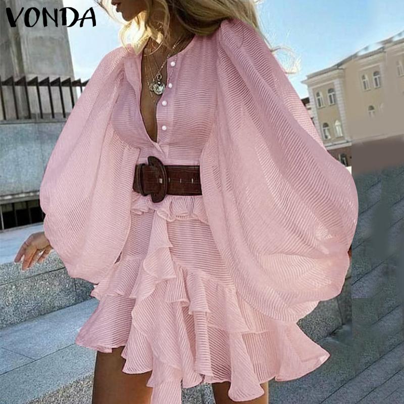 VONDA Abiti da donna alla moda, tinta unita, con scollo rotondo e volant, maniche lunghe