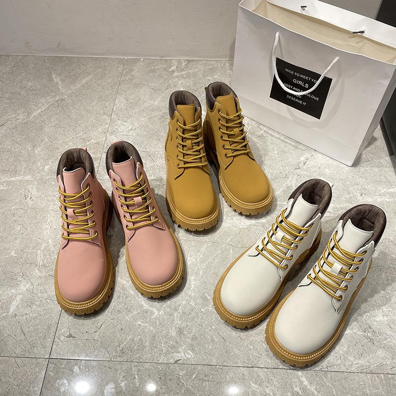 Lokomotiv Retro Martin Stiefel Damen Herbst Britischer Stil Vielseitige Große Gelbe Stiefel Leder Dicksohlige Kurze Stiefel