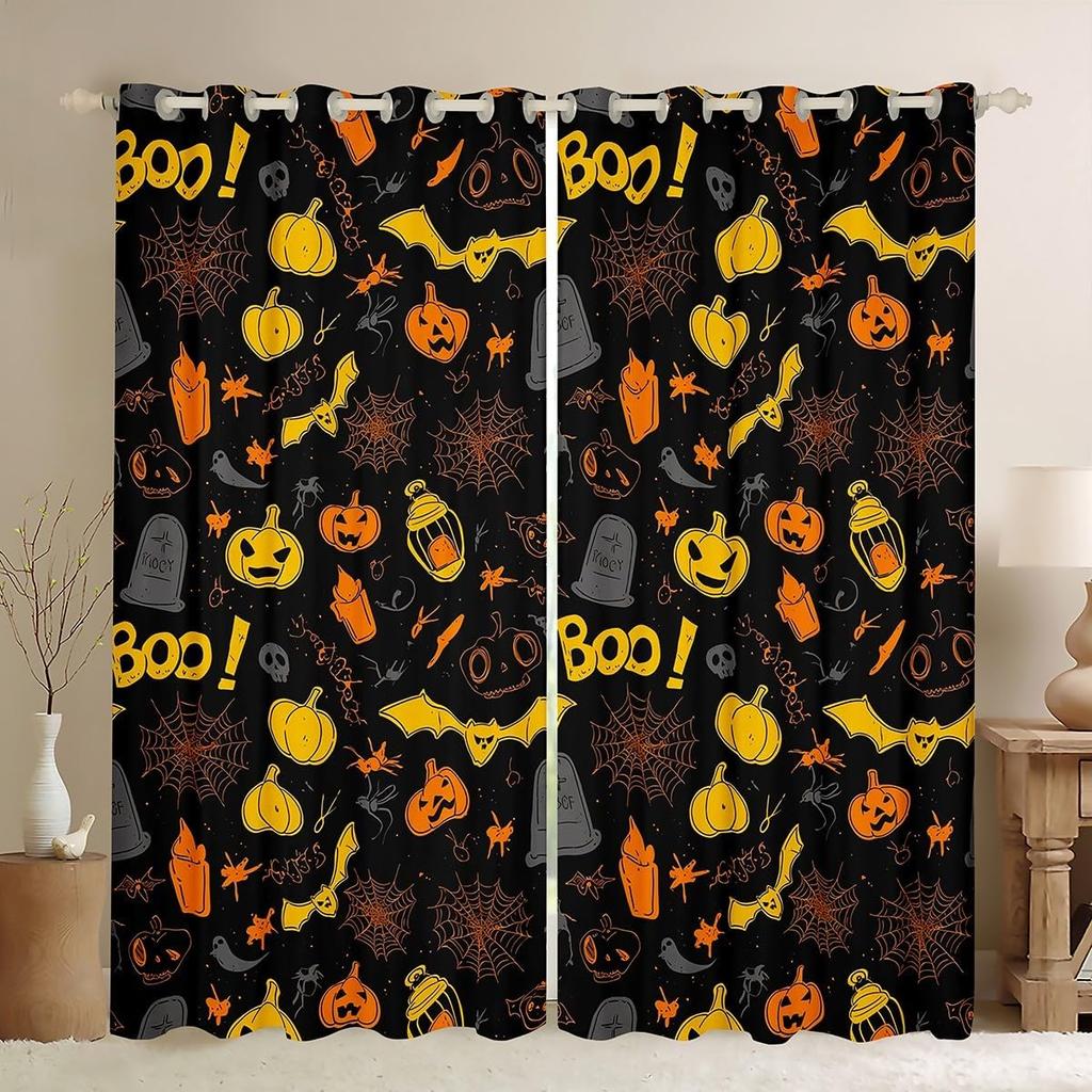 Happy Halloween Curtain Pumpkin Curtains Trick Treat Gothic Night Drapes Horror Cartoon Window Room Darkening Made Of Polyester