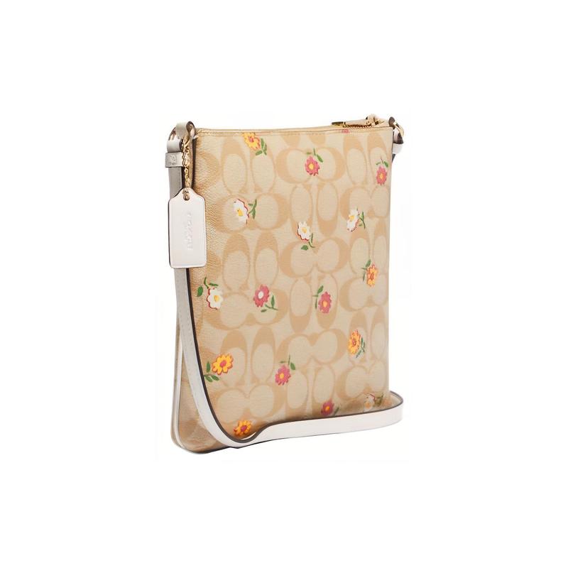 Coach Rowan 21 Small Daisy Flower Embroidered Zipper Closure Coated Canvas and Smooth Leather Crossbody Bag Small Size Women's Light Khaki Presbyopia