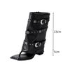 Fashion Fashion Square toe Rivet Strap Buckle Clip toe Women Mid-calf Boots Spring Summer Thick High heels Soft Leather Punk Boots Shoe