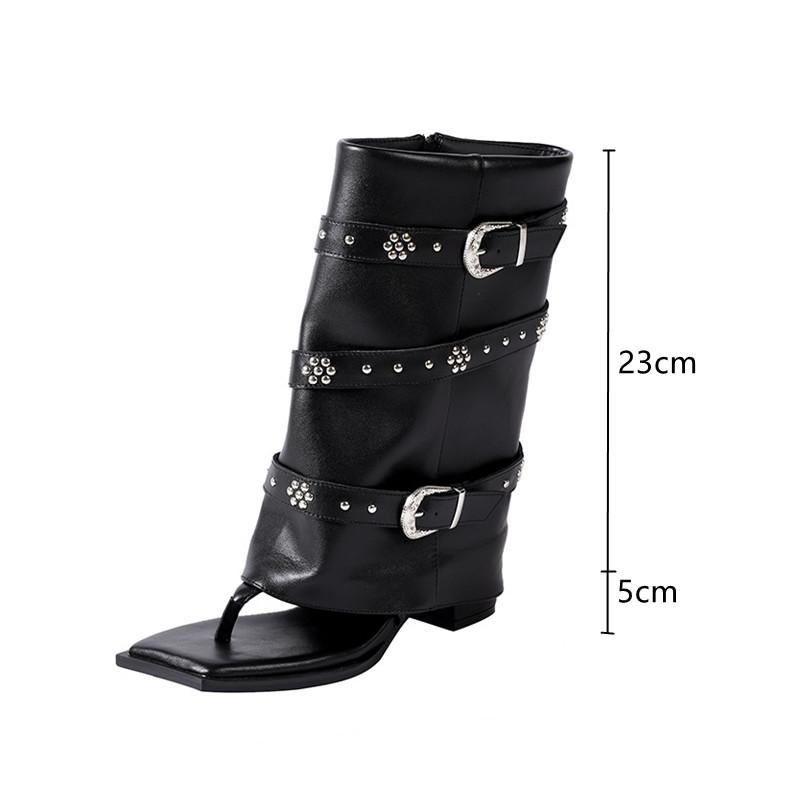 Fashion Fashion Square toe Rivet Strap Buckle Clip toe Women Mid-calf Boots Spring Summer Thick High heels Soft Leather Punk Boots Shoe