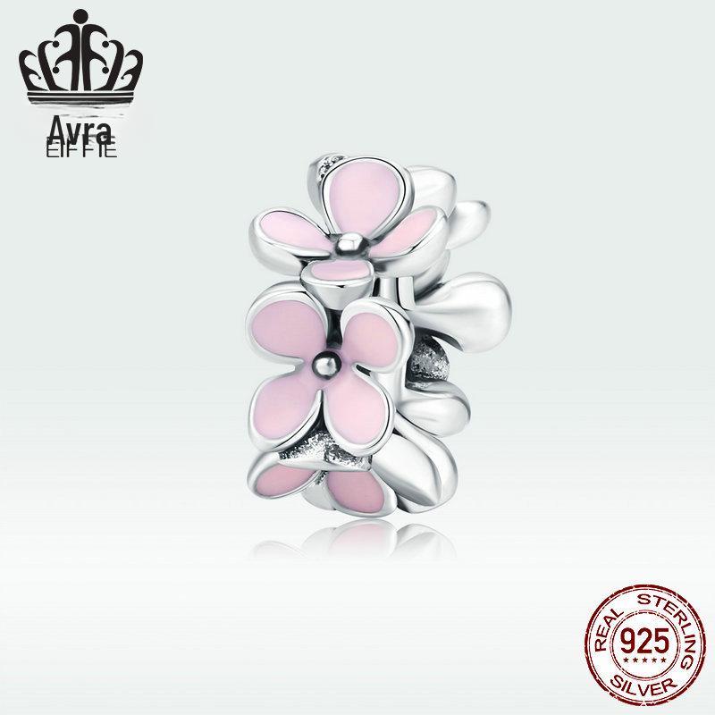 Sterling Silver Pink Four-Leaf Flower Beaded Bracelet Spacer Jewelry