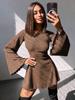 New European & American Sexy Long Sleeve Round Neck Lace-up Flare Skirt