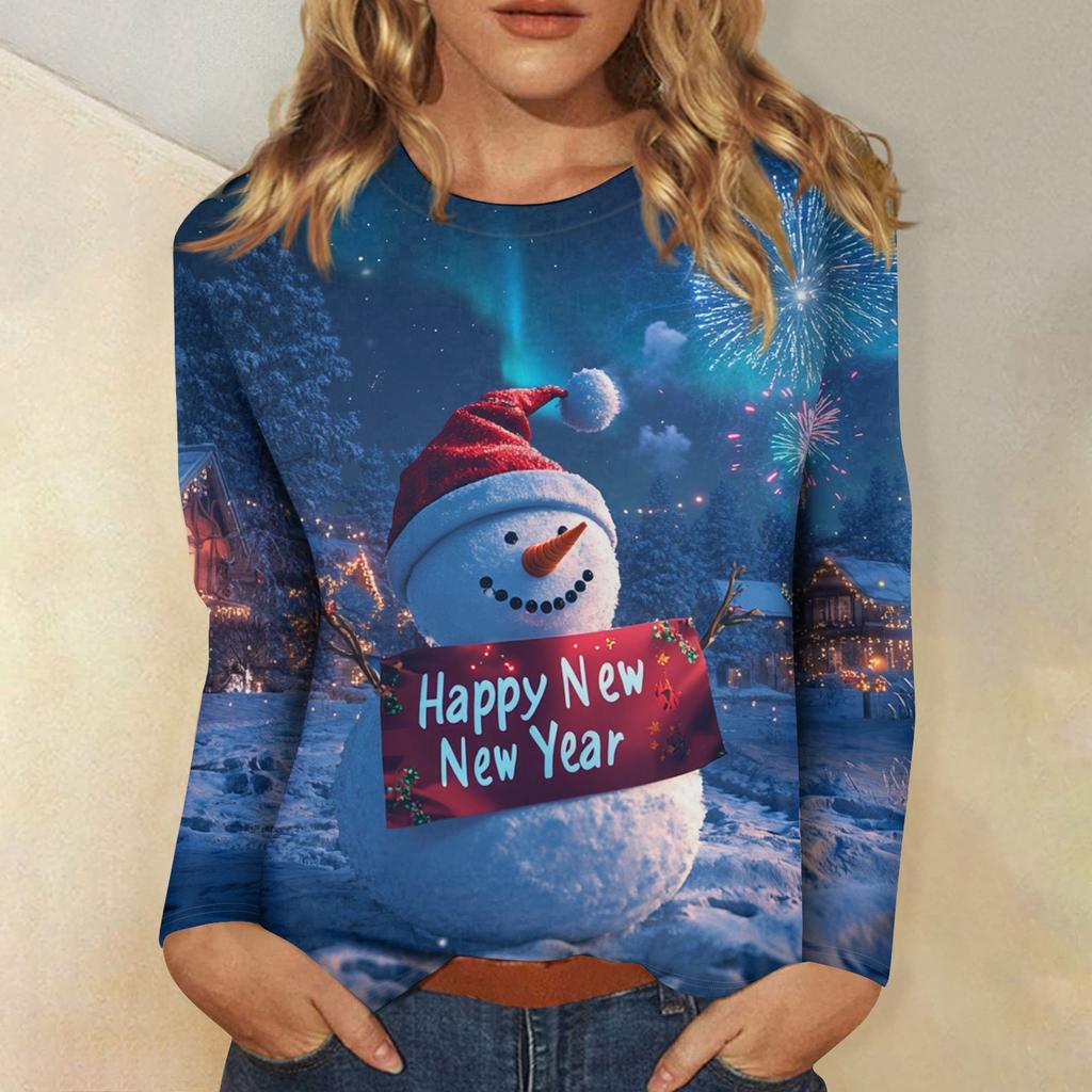 Women's Casual Fashion Sexy Comfortable Christmas Printed Round Neck Long Sleeve Top