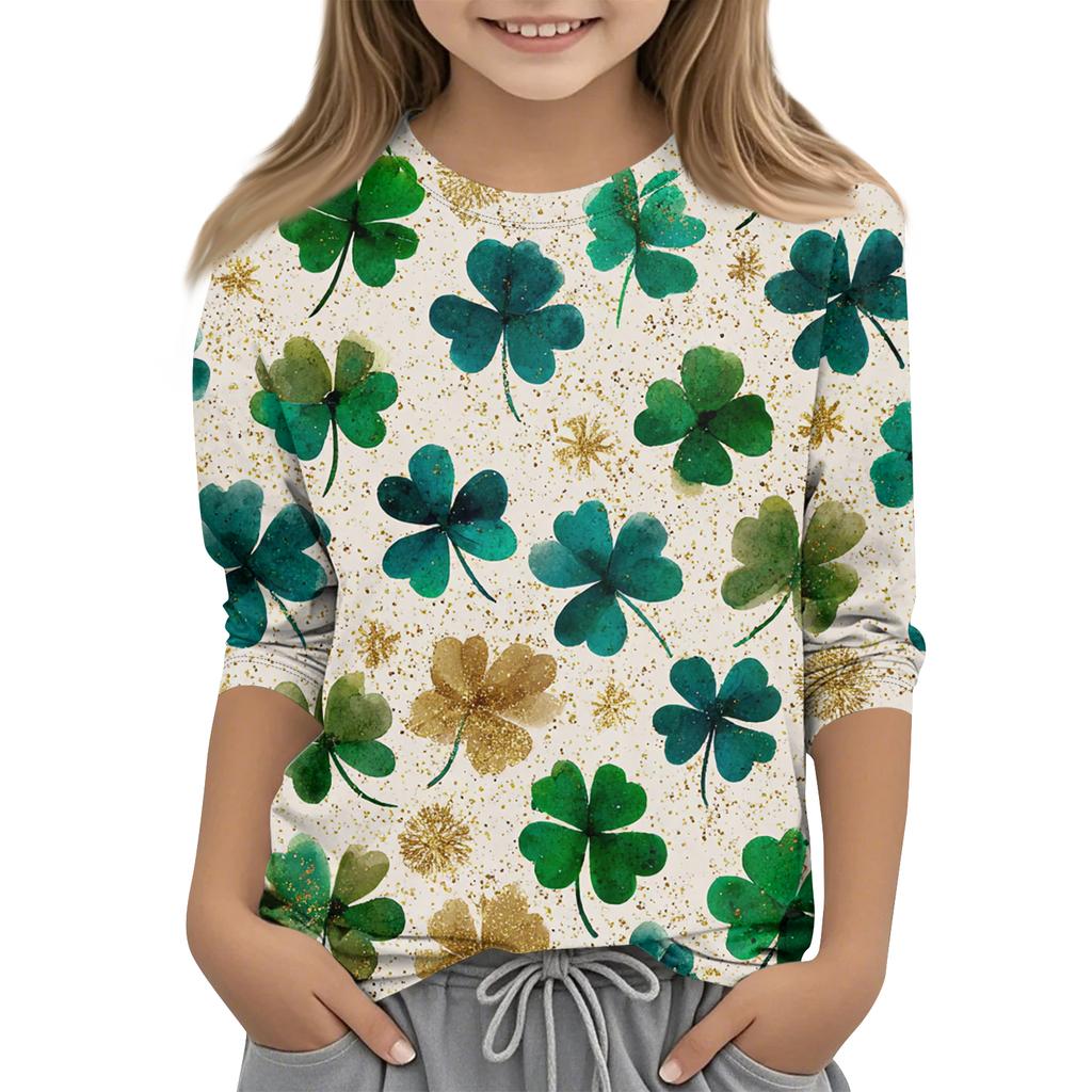 St. Patrick's Day Print Tops For Youth Girls 4-11 Years Round Neck 3/4 Sleeves T-Shirts Trendy Tops Outfit Tees