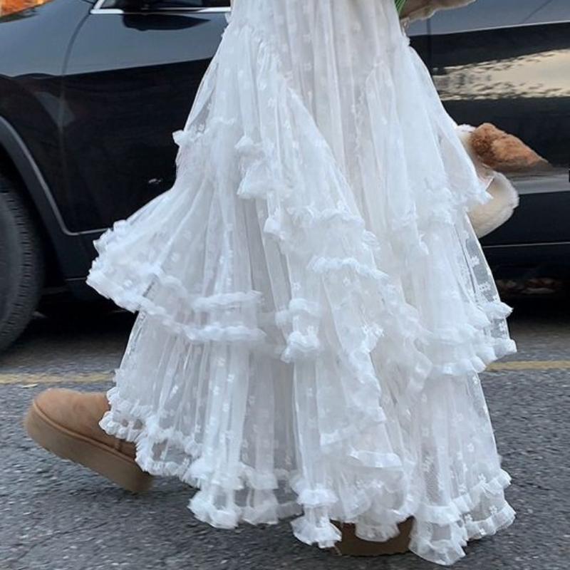 Women's Autumn/Winter Lace-Trimmed Tiered Fuzzy Midi Skirt - Loose A-Line Sweet Long Skirt with Cake-Layer Design