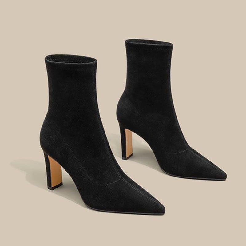 Suede boots women's autumn and winter pointed head high heel thin boots short boots women's 2025 new nude elastic foreign style super versatile