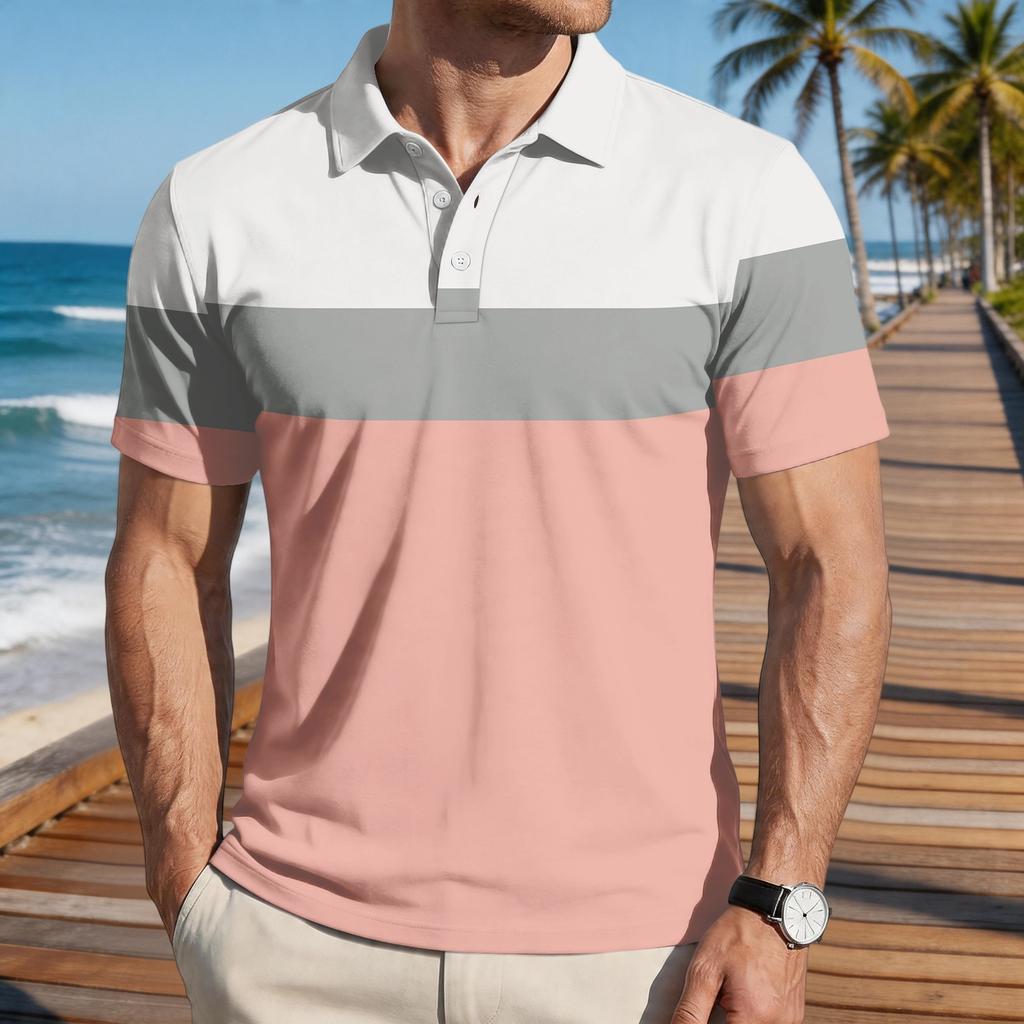 Mens Loose Fit Casual Striped Print Short Sleeve Polo Shirt with Turn Down Collar Soft Breathable Fabric for Everyday Wear