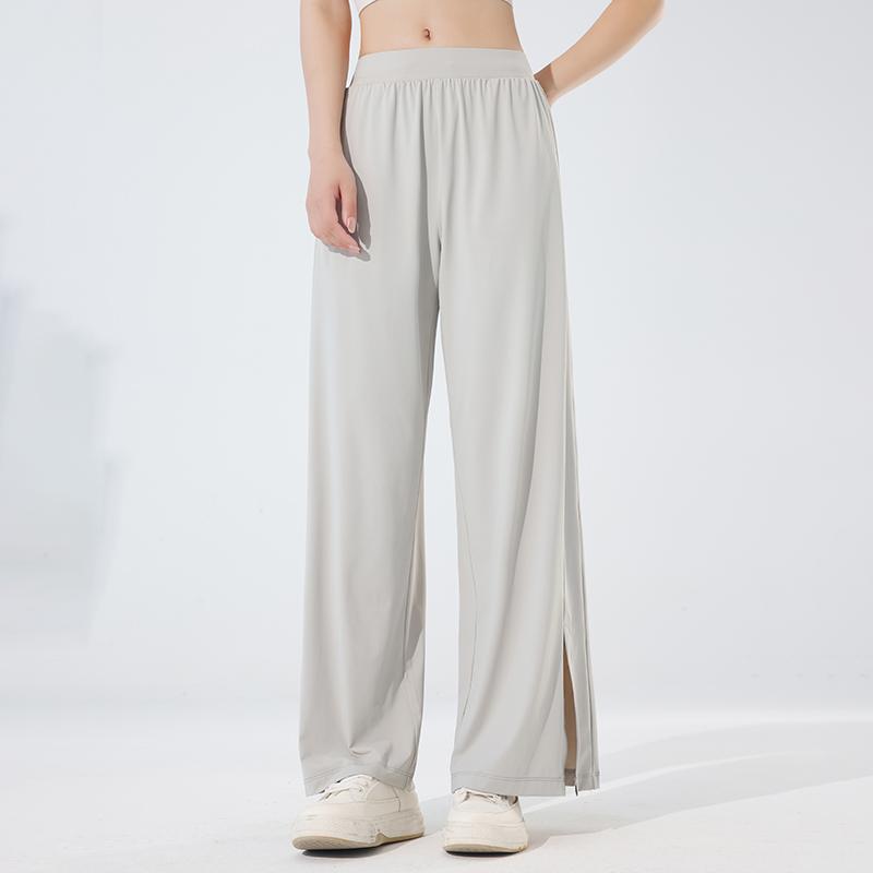 Ice Silk Women's New Summer Casual Pants Women's Thin Sports Breathable Slit Wide Leg Pants with Hanging Feeling
